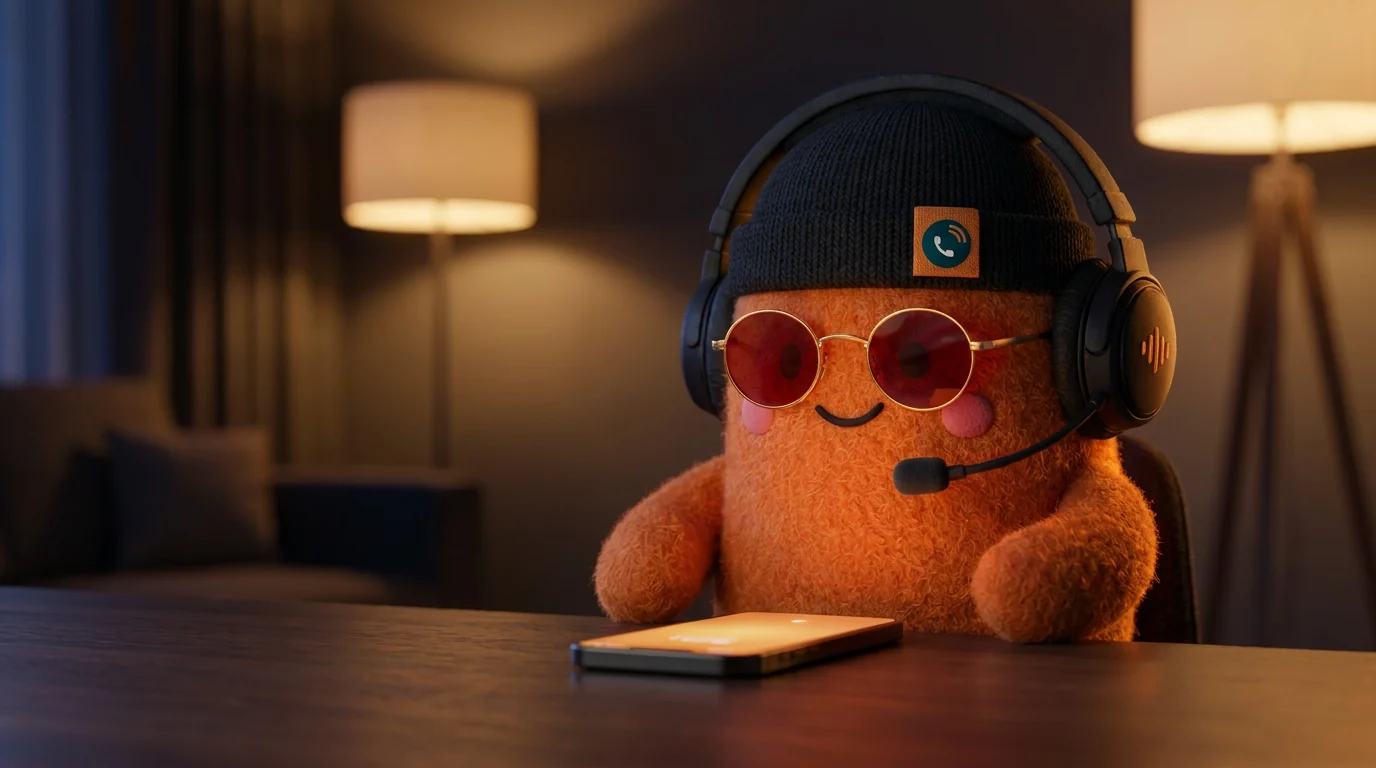 Bob, maskot Nezmešcall, se sluchátky u stolu se svítícím telefonem